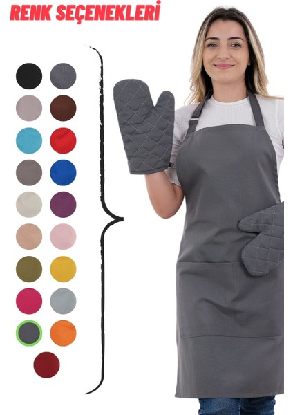 Simple 3'lü Set Ayar Askılı Cepli Mutfak Önlüğü Seti (2 Eldiven) Şef Garson Kafe Aşçı Barista