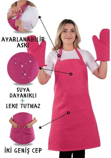 Simple 3'lü Set Ayar Askılı Cepli Mutfak Önlüğü Seti (2 Eldiven) Şef Garson Kafe Aşçı Barista