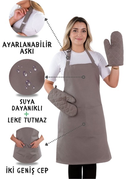 Simple 3'lü Set Ayar Askılı Cepli Mutfak Önlüğü Seti (2 Eldiven) Şef Garson Kafe Aşçı Barista
