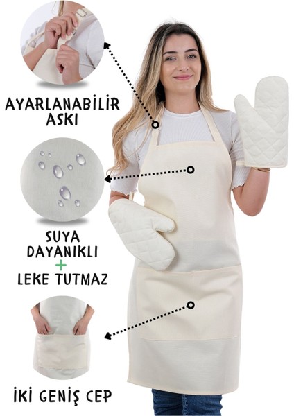 Simple 3'lü Set Ayar Askılı Cepli Mutfak Önlüğü Seti (2 Eldiven) Şef Garson Kafe Aşçı Barista
