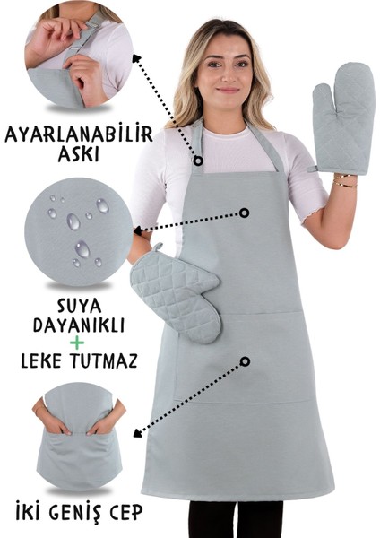 Simple 3'lü Set Ayar Askılı Cepli Mutfak Önlüğü Seti (2 Eldiven) Şef Garson Kafe Aşçı Barista