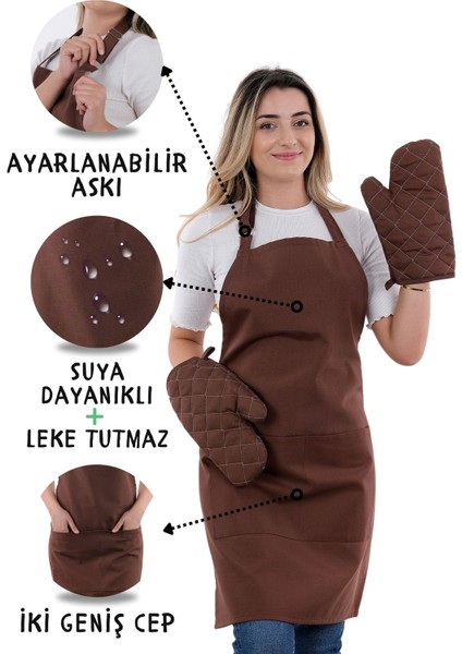 Simple 3'lü Set Ayar Askılı Cepli Mutfak Önlüğü Seti (2 Eldiven) Şef Garson Kafe Aşçı Barista