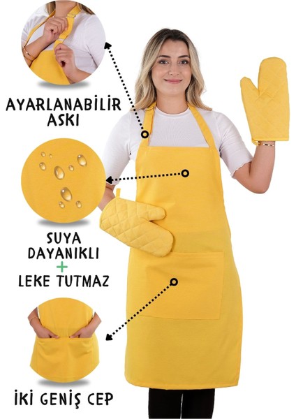 Simple 3'lü Set Ayar Askılı Cepli Mutfak Önlüğü Seti (2 Eldiven) Şef Garson Kafe Aşçı Barista