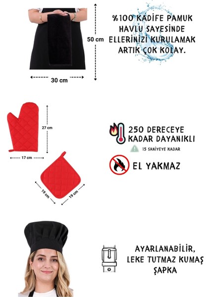 Star Ayar Askılı 5li Mutfak Önlüğü Seti (Ayar Askılı Havlulu Önlük, Şapka, Eldiven, Tutacak)