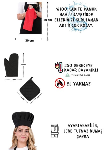 Star Ayar Askılı 5li Mutfak Önlüğü Seti (Ayar Askılı Havlulu Önlük, Şapka, Eldiven, Tutacak)