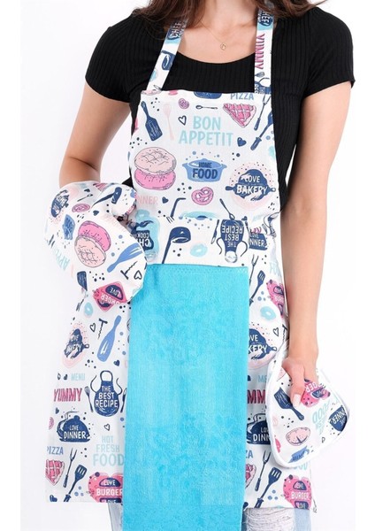 Tulipa Havlulu Mutfak Önlüğü Fırın Eldiveni Ve Tutacak Turkuaz