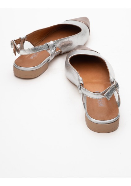 Kadın Sivri Burun Açık Topuk Loafer Ayakkabı Gerçek Deri Fr 259713 Gümüş