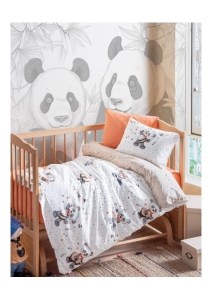 %100 Pamuk Turuncu & Panda Desenli Bebek Nevresim Takımı- Yumuşak Bebek Odası Seti- Box Musico Oranj
