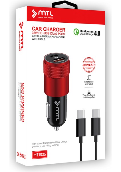 38 w Pd + qc 4.0 Çift Çıkışlı Araç Şarj Cihazı + type‑c To Type‑c 1 m Kablo – Kırmızı Metal MT1835