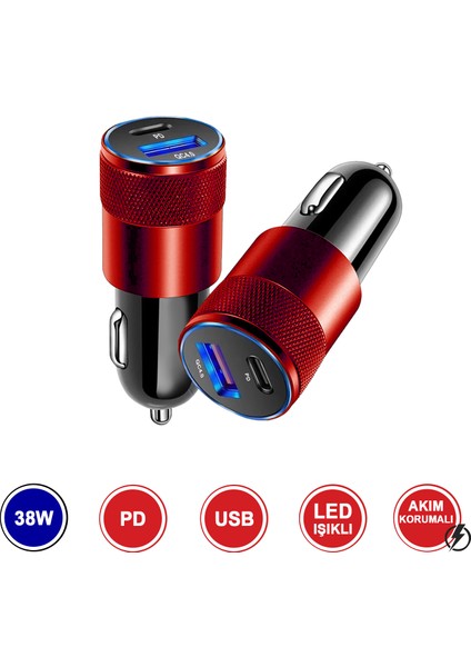 38 w Pd + qc 4.0 Çift Çıkışlı Araç Şarj Cihazı + type‑c To Type‑c 1 m Kablo – Kırmızı Metal MT1835