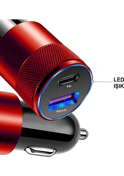 38 w Pd + qc 4.0 Çift Çıkışlı Araç Şarj Cihazı + type‑c To Type‑c 1 m Kablo – Kırmızı Metal MT1835