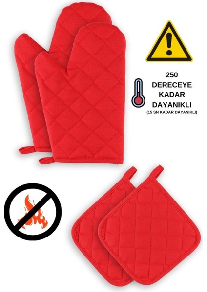 Yanmaz Fırın Eldiveni 2 Adet ve Fırın Tutacağı 2 Adet Kırmızı
