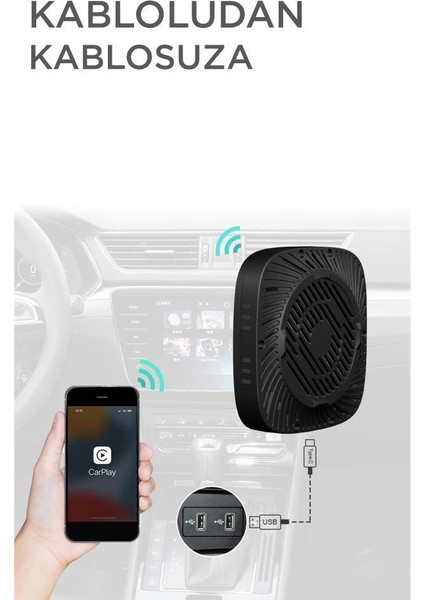 TAB09 Mini Siyah Kablosuz Carplay 2GB+32GB USB ve Type-C Uyumlu Araç Multimedya Dönüştürücü Adaptörü