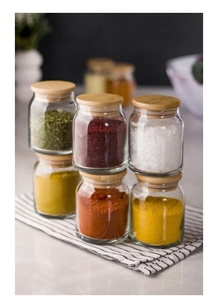 6 Lı Set Bambu Kapaklı Cam Kavanoz & Baharat Takımı & Baharatlık 200 ml ( Vakum Kapak )