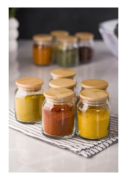 6 Lı Set Bambu Kapaklı Cam Kavanoz & Baharat Takımı & Baharatlık 200 ml ( Vakum Kapak )