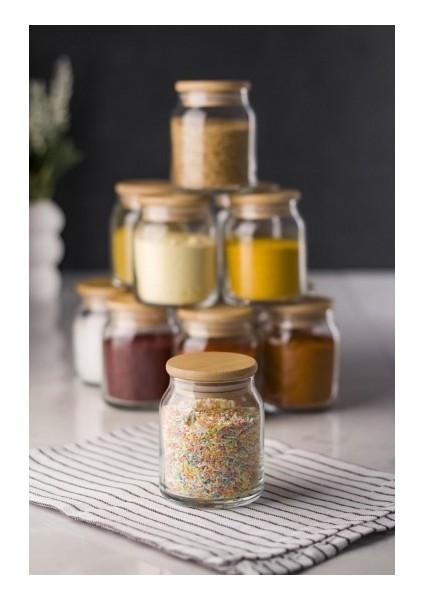 6 Lı Set Bambu Kapaklı Cam Kavanoz & Baharat Takımı & Baharatlık 200 ml ( Vakum Kapak )
