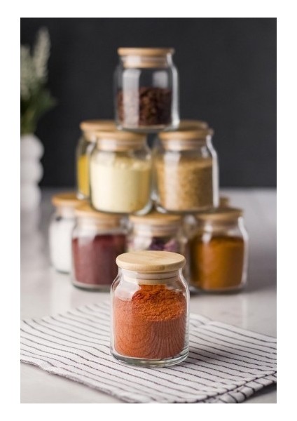 6 Lı Set Bambu Kapaklı Cam Kavanoz & Baharat Takımı & Baharatlık 200 ml ( Vakum Kapak )