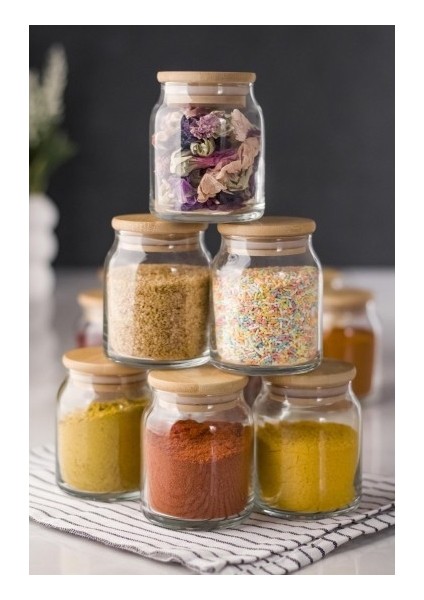 6 Lı Set Bambu Kapaklı Cam Kavanoz & Baharat Takımı & Baharatlık 200 ml ( Vakum Kapak )