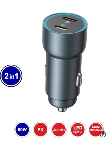 Araç Şarj Cihazı 60 w Çift Çıkışlı (Lightning Port ve Type-C Port Çıkışlı) MT1836