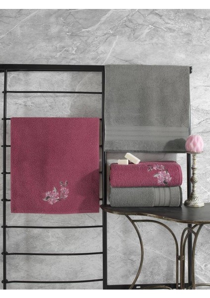Colorful Hamam Seti 4 Lü Havlu Gri-Koyu Pembe