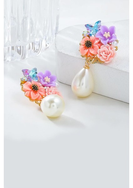 Zarif Mineli Çiçekli Inci Sallantılı Küpe fiyatları