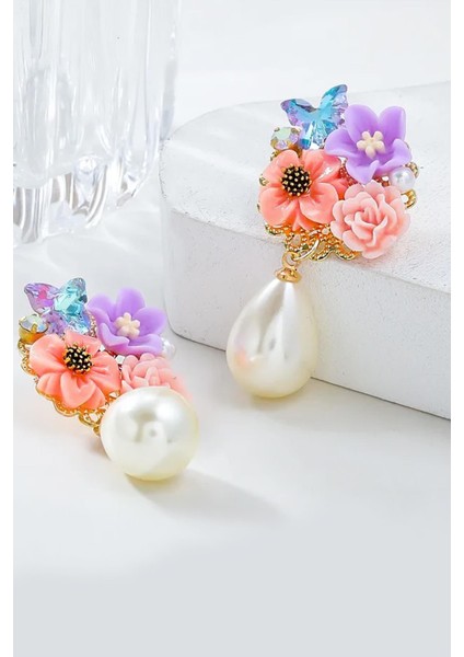 Zarif Mineli Çiçekli Inci Sallantılı Küpe fırsatları