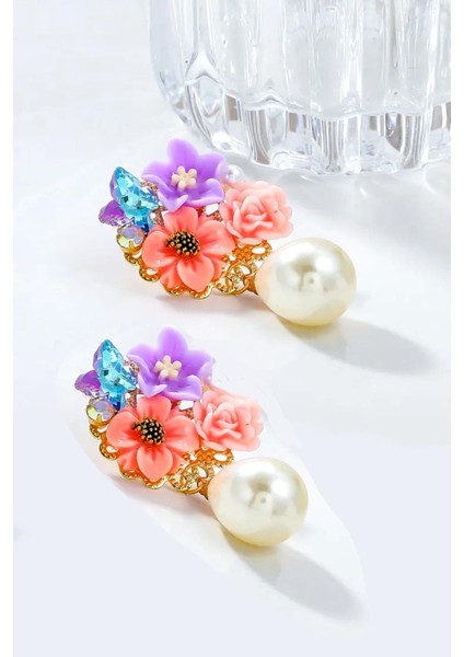 Zarif Mineli Çiçekli Inci Sallantılı Küpe indirimleri