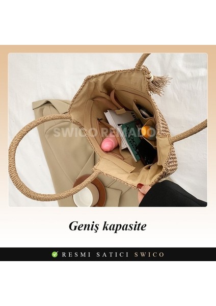 Yaz Plaj Çantası Püskül Hasır Dokuma Tote Omuz Çantası (Yurt Dışından)