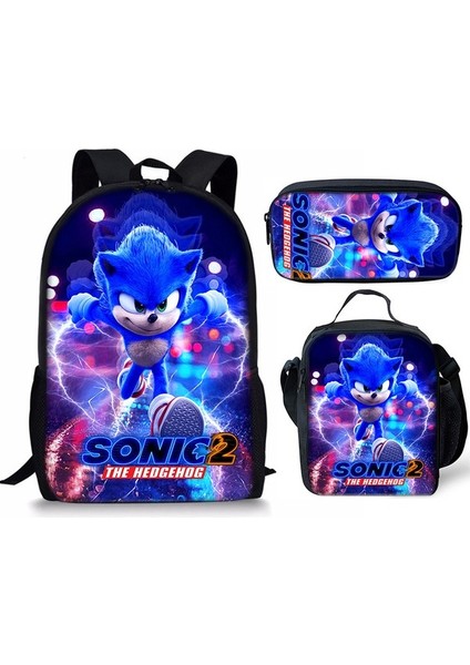 Sonic Sırt Çantası Sonic2 Öğrenci Okul Çantası Çocuk Yemek Çantası Kalem Kutusu Üç Parçalı Set (Yurt Dışından)