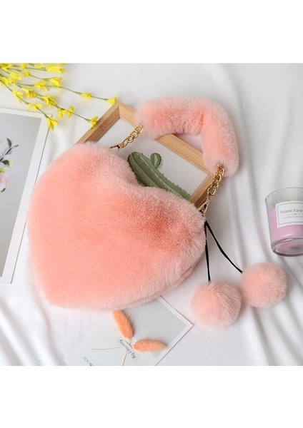 Faux Fur Tote Sevimli Peluş Kalp Tek Omuz Aşk Tote Crossbody Çanta (Yurt Dışından)