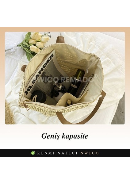 Yaz Plaj Çantası Hasır Dokuma Tote Çanta Omuz Çantası (Yurt Dışından)