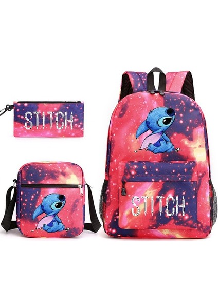 Lilo ve Stitch Üç Parçalı Okul Çantası Karikatür Periferik Baskılı Kanvas Sırt Çantası Öğrenci Rahat Çantası (Yurt Dışından)