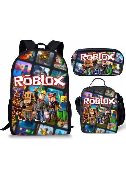 3D Yeni Roblox Öğrenci Okul Çantası Yemek Çantası Kalem Baskı Sırt Çantası Üç Parçalı Set (Yurt Dışından)