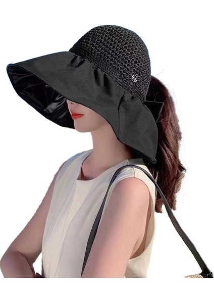 Siyah Tutkal Boş Üst Güneş Şapkası Bayanlar Kapak Yüz Büyük Kenarlı Şapka (Yurt Dışından)