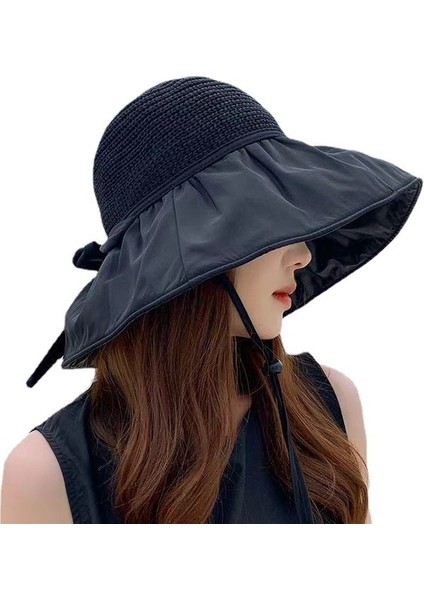 Siyah Ka Güneş Şapkası Bayanlar Büyük Kenarlı Şapkayı Kapatan Yüz (Yurt Dışından)