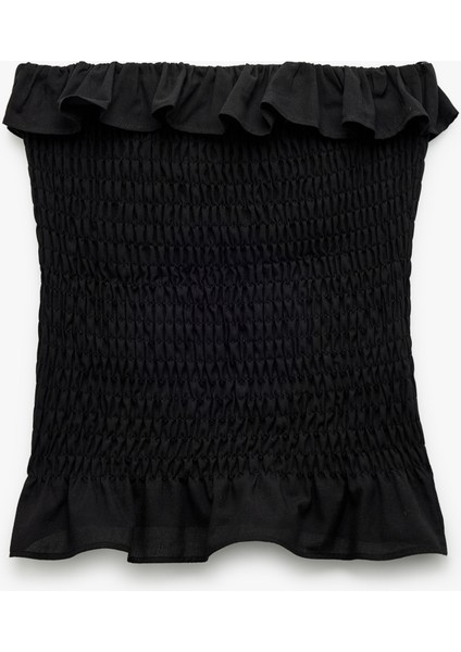 Pamuklu Fırfırlı Gipeli Straplez Yaka Kolsuz Crop Bluz