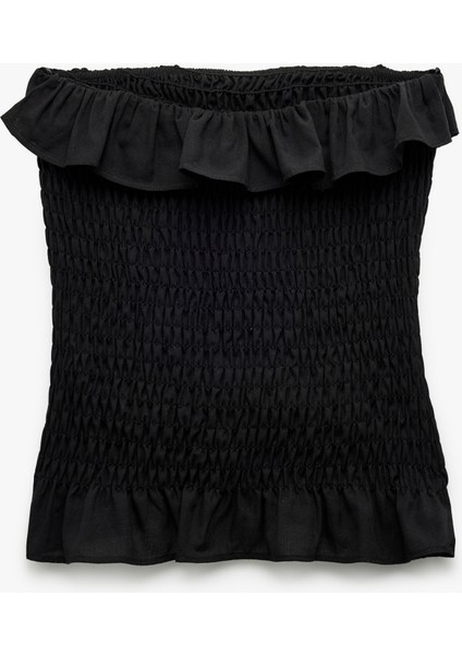 Pamuklu Fırfırlı Gipeli Straplez Yaka Kolsuz Crop Bluz fiyatları