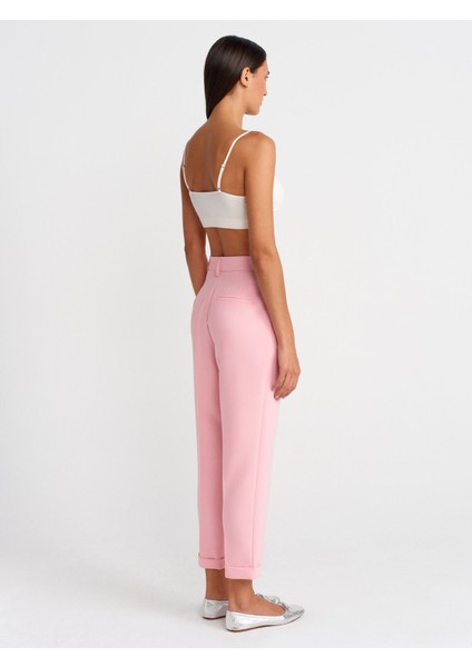 72124 Kıvrık Paça Yüksek Bel Pantolon-Pembe