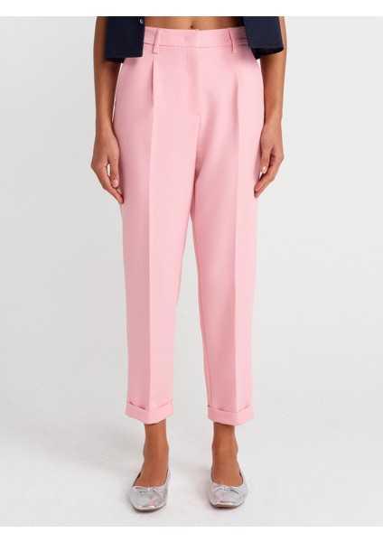72124 Kıvrık Paça Yüksek Bel Pantolon-Pembe