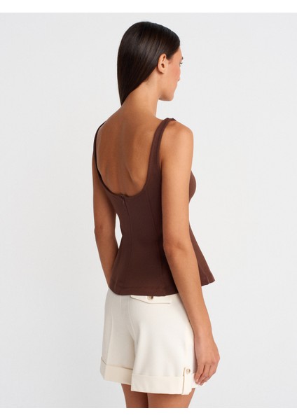 21063 Kalın Askılı Peplum Top-Açık Kahve