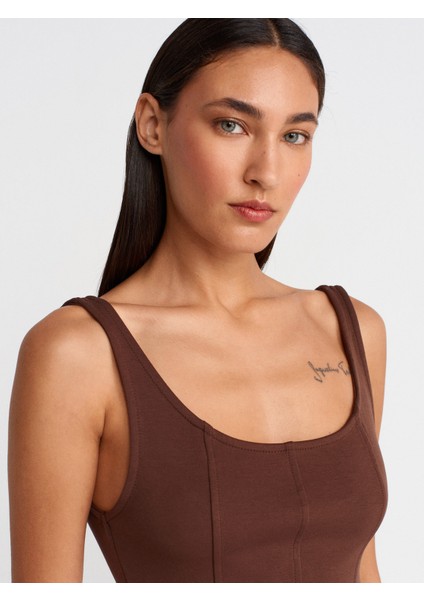 21063 Kalın Askılı Peplum Top-Açık Kahve