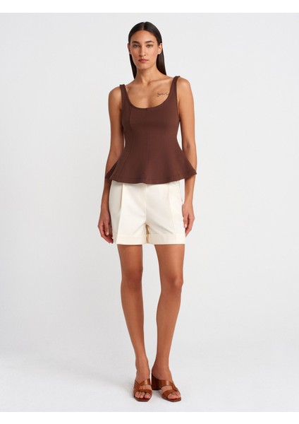 21063 Kalın Askılı Peplum Top-Açık Kahve