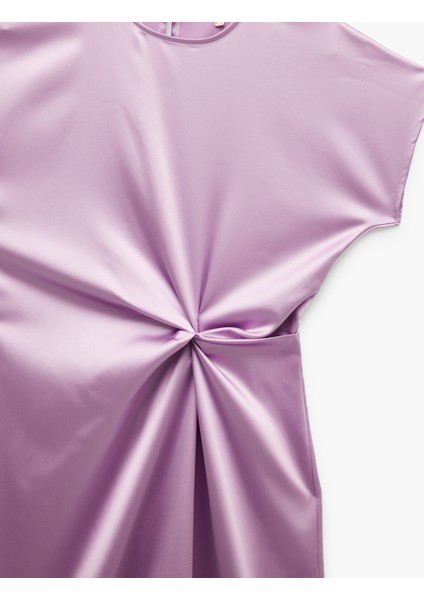 Çıkma Kol Bisiklet Yaka Drape Detaylı Midi Boy Saten Elbise