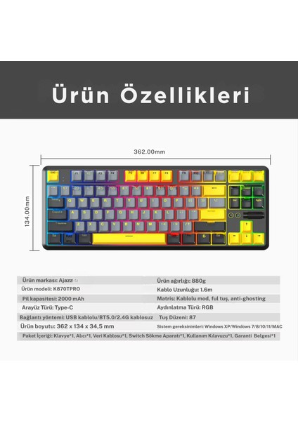 Ajazz K870T Pro Kablosuz Hot Swap Mekanik Oyun Klavyesi Rgb - 10 Adet Switch, Tuş ve Switch Sökme Aparatı Hediyeli - Siyah Red Switch