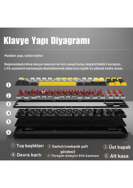 Ajazz K870T Pro Kablosuz Hot Swap Mekanik Oyun Klavyesi Rgb - 10 Adet Switch, Tuş ve Switch Sökme Aparatı Hediyeli - Siyah Red Switch