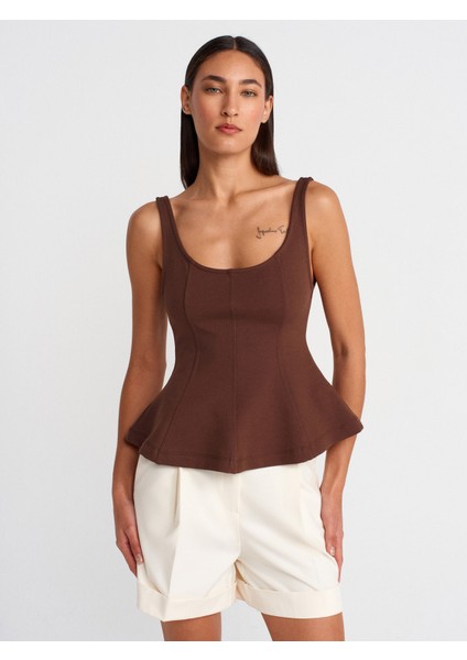 21063 Kalın Askılı Peplum Top-Açık Kahve