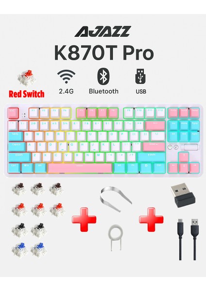 Ajazz K870T Pro Kablosuz Hot Swap Mekanik Oyun Klavyesi Rgb - 10 Adet Switch, Tuş ve Switch Sökme Aparatı Hediyeli - Beyaz Red Switch