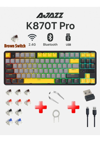 Ajazz K870T Pro Kablosuz Hot Swap Mekanik Oyun Klavyesi Rgb - 10 Adet Switch, Tuş ve Switch Sökme Aparatı Hediyeli - Siyah Brown Switch modelleri