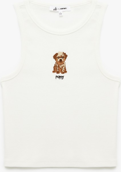Köpek Nakış Detaylı Slim Fit Bisiklet Yaka Pamuklu Kolsuz Bluz