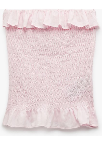 Pamuklu Fırfırlı Gipeli Straplez Yaka Kolsuz Crop Bluz